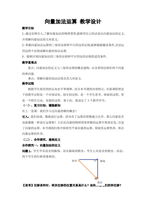 向量加法运算 教学设计 高一下学期数学人教A版(2019)必修第二册