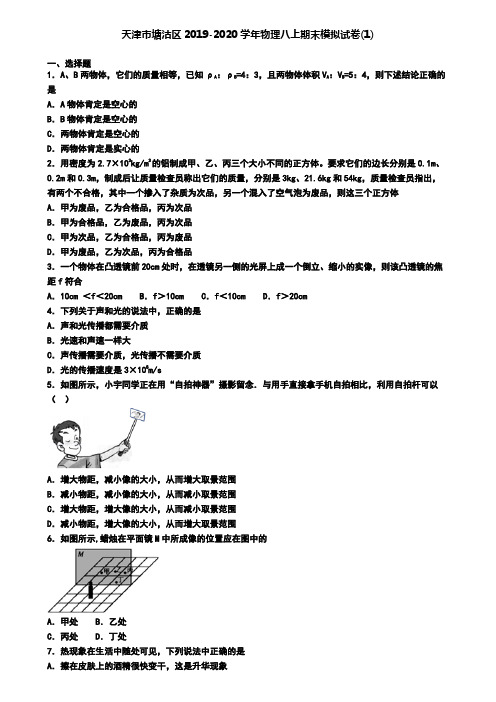 天津市塘沽区2019-2020学年物理八上期末模拟试卷(1)