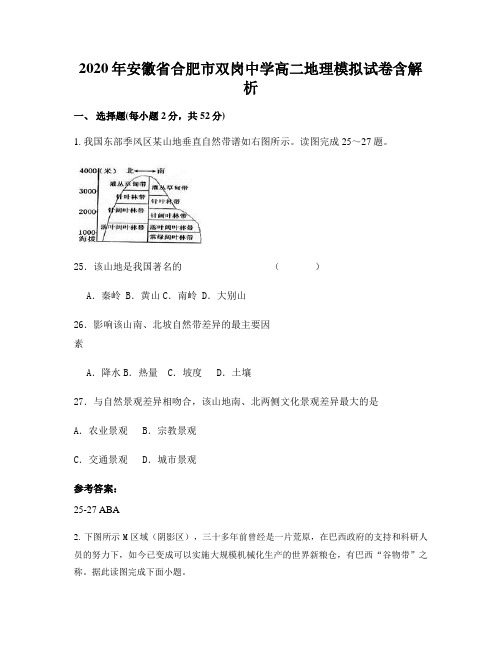 2020年安徽省合肥市双岗中学高二地理模拟试卷含解析