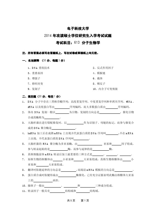 2014年电子科技大学613分子生物学考研真题