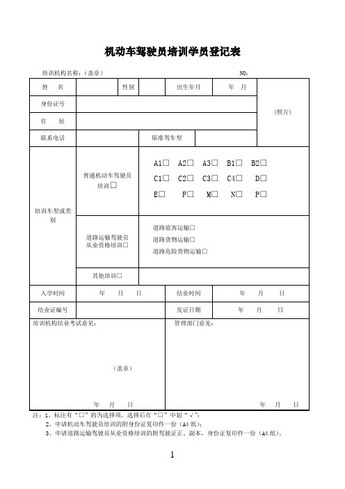 机动车驾驶员培训学员登记表