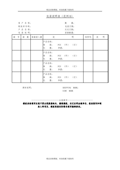 包装说明表范例B模板