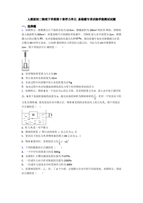 人教版初二物理下学期第十章浮力单元 易错题专项训练学能测试试题