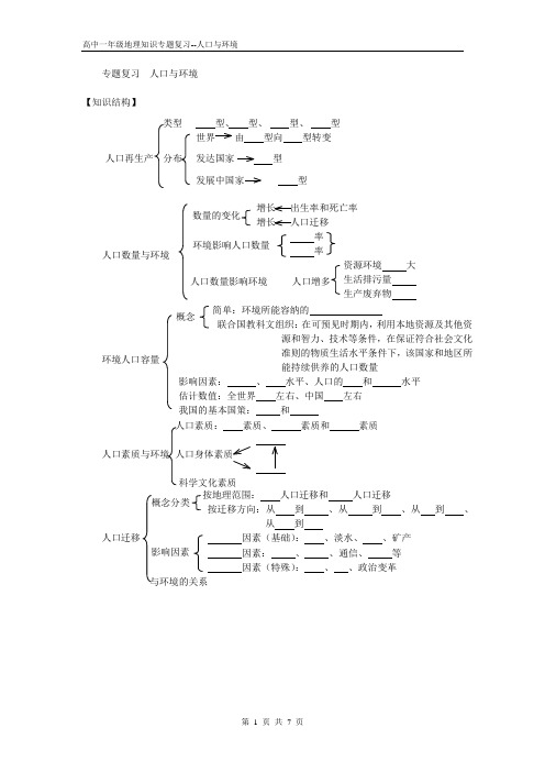 高中一年级地理知识专题复习--人口与环境(模拟试题及标准答案)