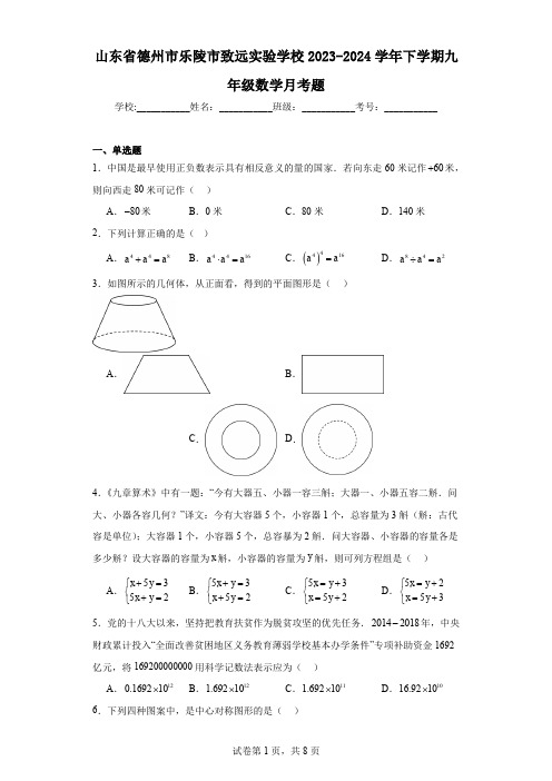 山东省德州市乐陵市致远实验学校2023-2024学年下学期九年级数学月考题