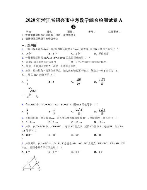 2020年浙江省绍兴市中考数学综合检测试卷A卷附解析