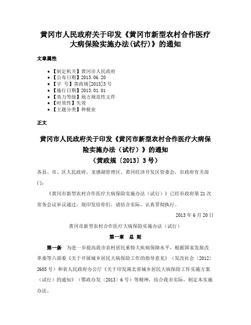 黄冈市人民政府关于印发《黄冈市新型农村合作医疗大病保险实施办法(试行)》的通知