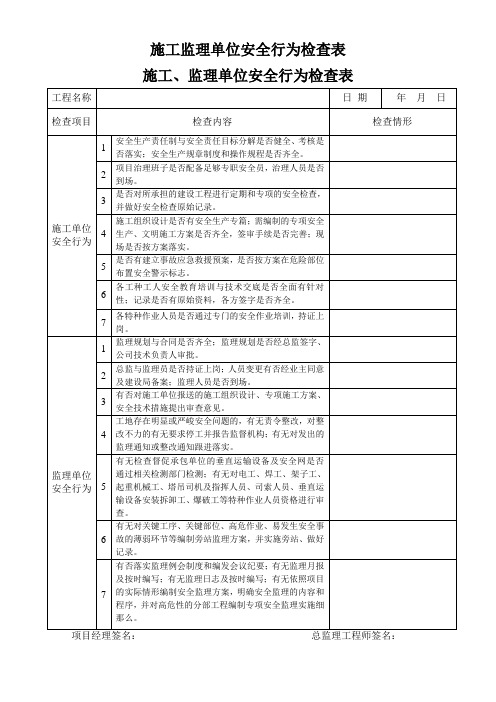 施工监理单位安全行为检查表