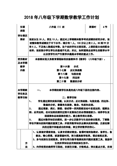 2018年八年级下学期数学教学工作计划 精品