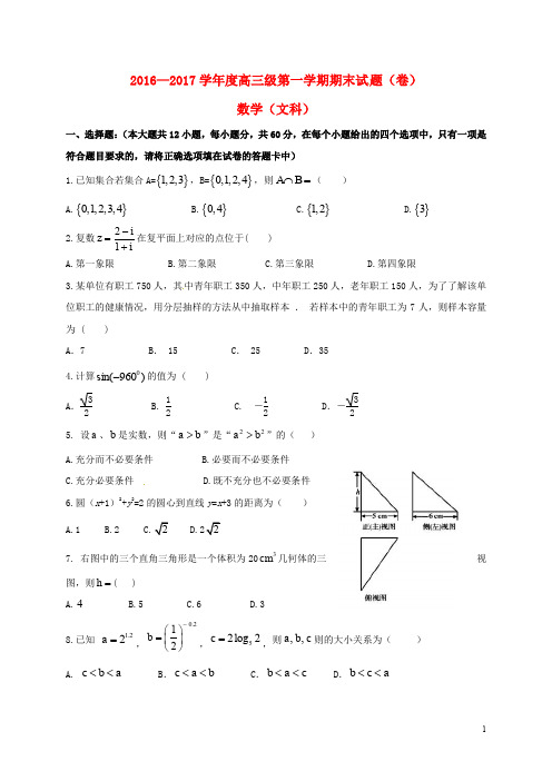 甘肃省定西市通渭县高三数学上学期期末考试试题 文