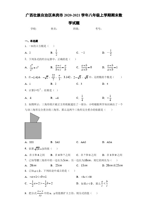 广西壮族自治区来宾市2020-2021学年八年级上学期期末数学试题