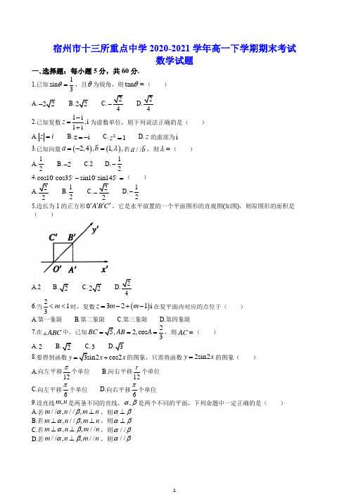 宿州市十三所重点中学2020-2021学年高一下学期期末考试 数学试题(含答案)