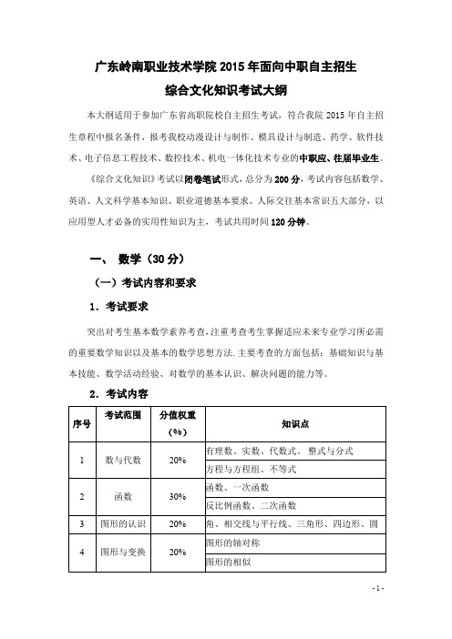 广东岭南职业技术学院2015年面向中职自主招生考试大纲