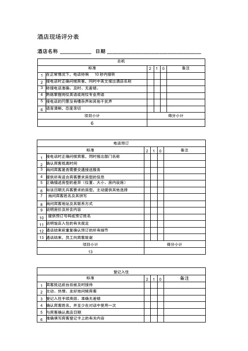 酒店现场检查评分表(试行)(初)