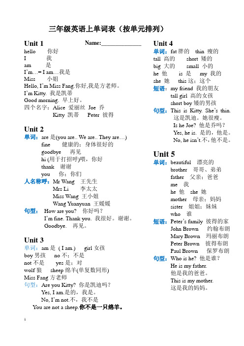 三年级英语上单词表和句型(按单元排列)