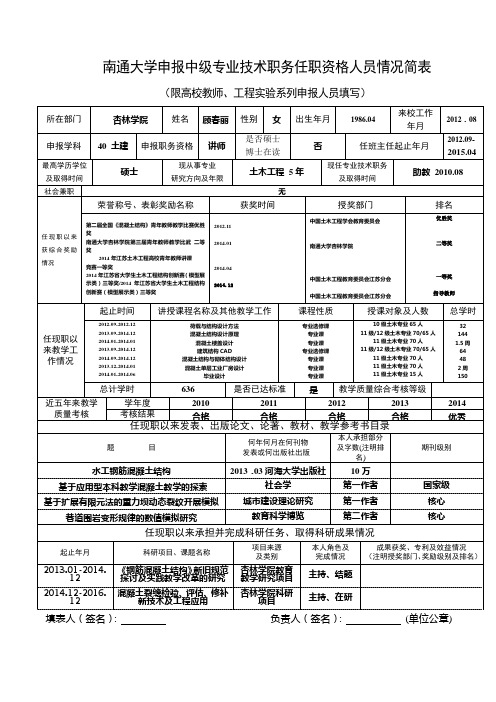 南通大学申报中级专业技术职务任职资格人员情况简表