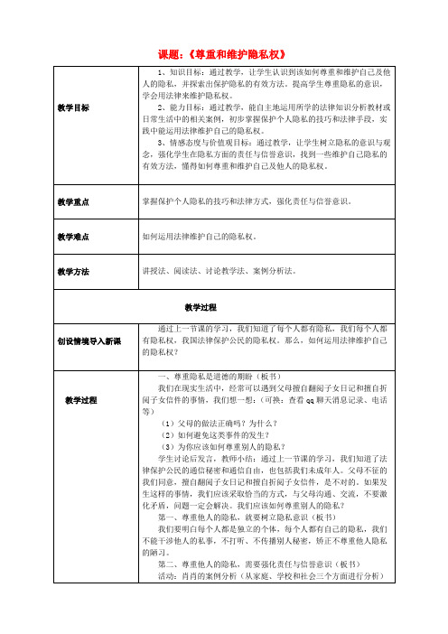 八年级政治下册 第二单元 第五课《隐私受保护》第二框《尊重和维护隐私权》教案 新人教版