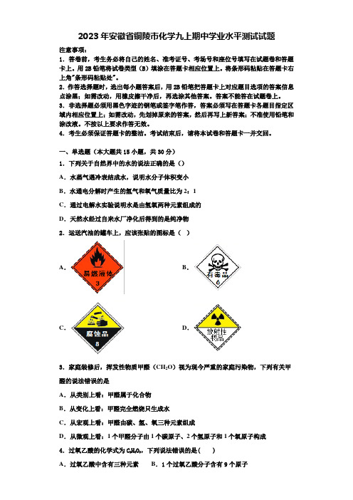 2023年安徽省铜陵市化学九上期中学业水平测试试题含解析