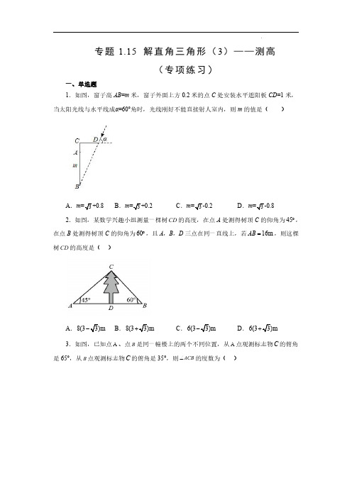 解直角三角形(3)——测高(专项练习)-2022-2023学年九年级数学下册基础知识专项讲练