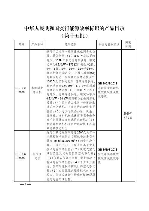 《中华人民共和国实行能源效率标识的产品目录(第十五批)》