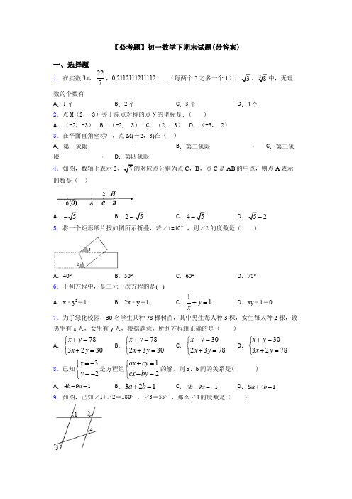 【必考题】初一数学下期末试题(带答案)