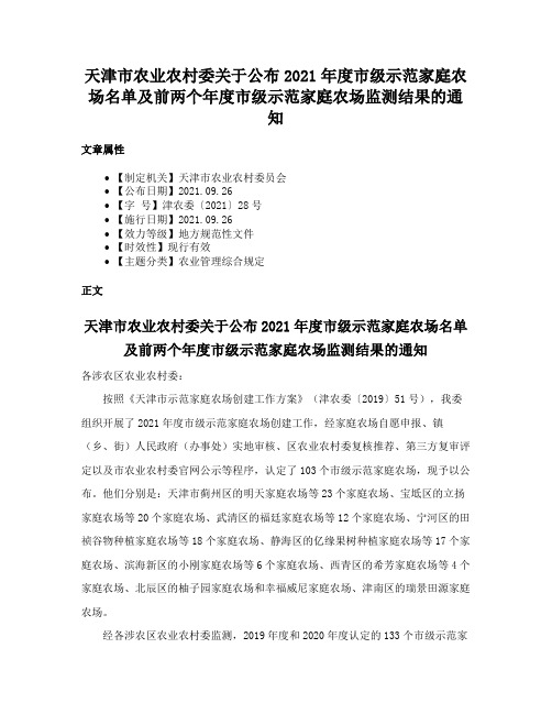 天津市农业农村委关于公布2021年度市级示范家庭农场名单及前两个年度市级示范家庭农场监测结果的通知