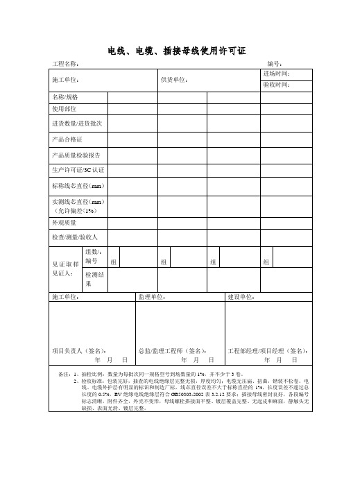 电线、电缆、插接母线使用许可证