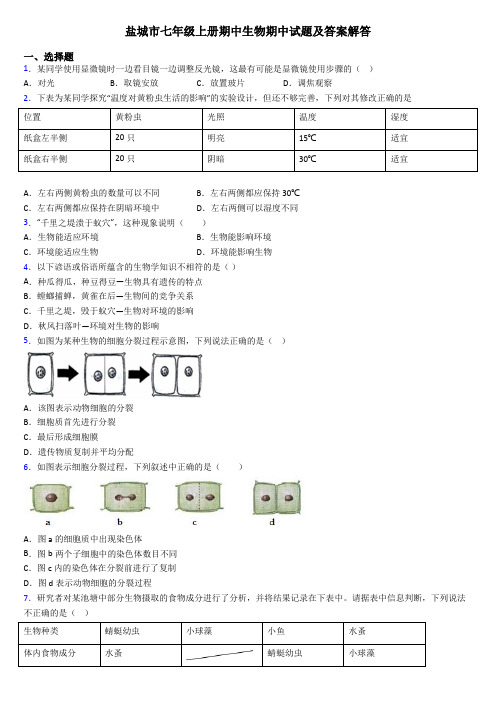 盐城市七年级上册期中生物期中试题及答案解答