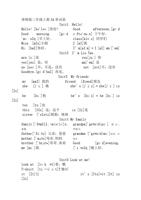 江苏译林版小学三年级四年级五年级六年级英语单词表(附音标)