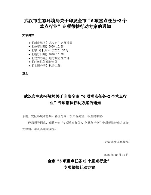 武汉市生态环境局关于印发全市“6项重点任务+2个重点行业”专项帮扶行动方案的通知