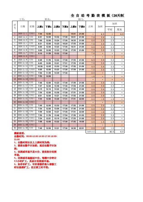 全自动月考勤表-26天工作制(含公式,自动计算工时、加班、迟到、早退、旷工等)