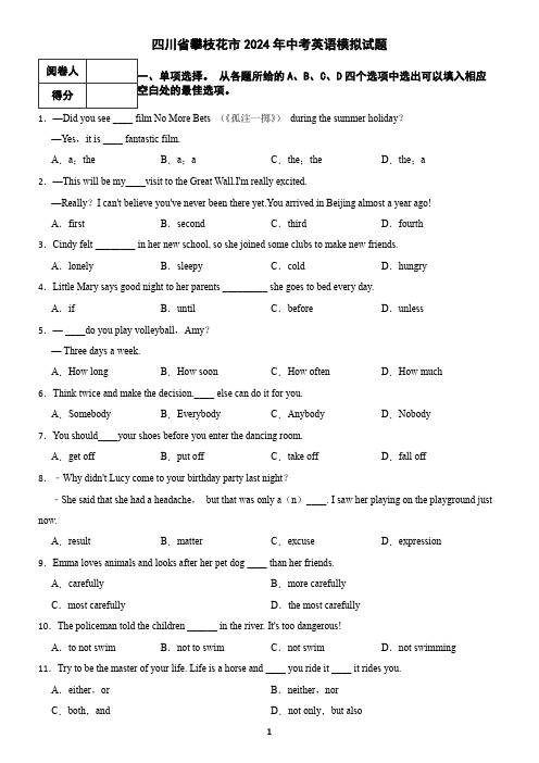 四川省攀枝花市2024年中考英语模拟试题(含答案)