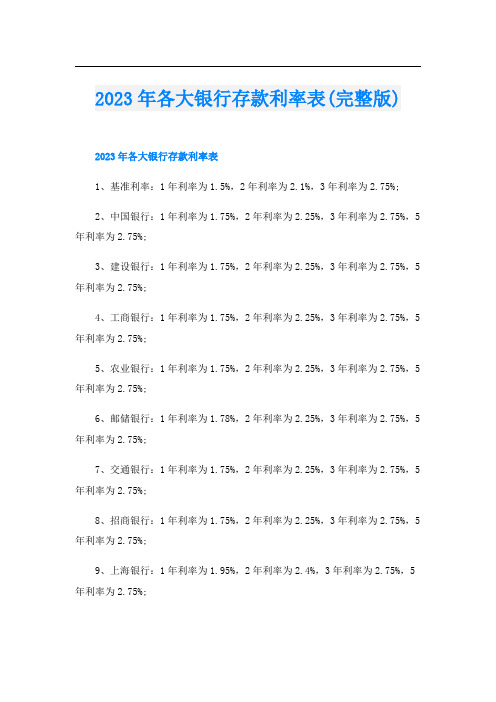 2023年各大银行存款利率表(完整版)