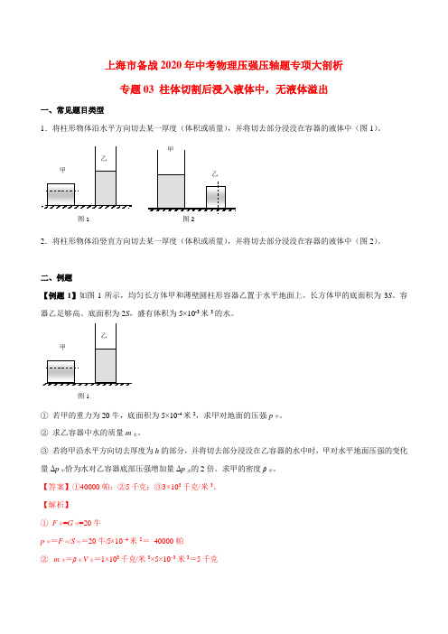 2020年上海中考物理压强压轴题专题03 柱体切割后浸入液体中,无液体溢出(解析版)