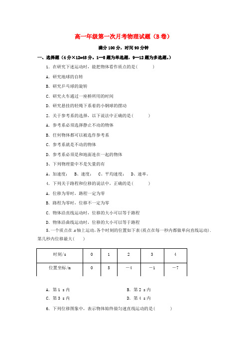 河北省临漳县2017_2018学年高一物理上学期第一次月考试题B卷