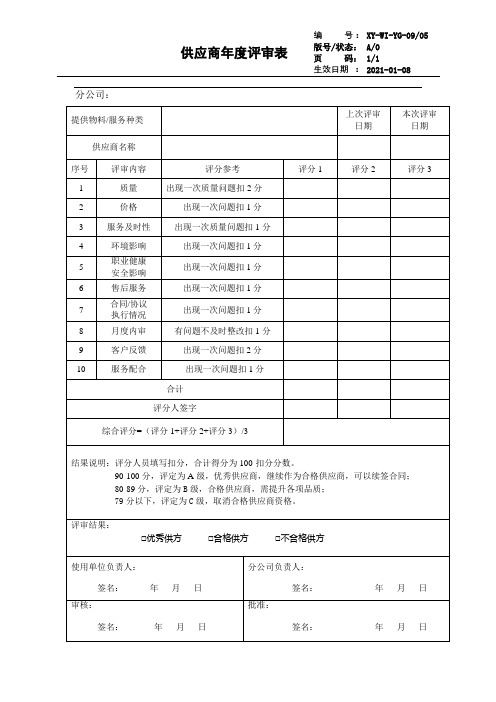 物业供应商年度评审表