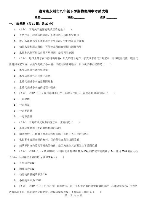 湖南省永州市九年级下学期物理期中考试试卷