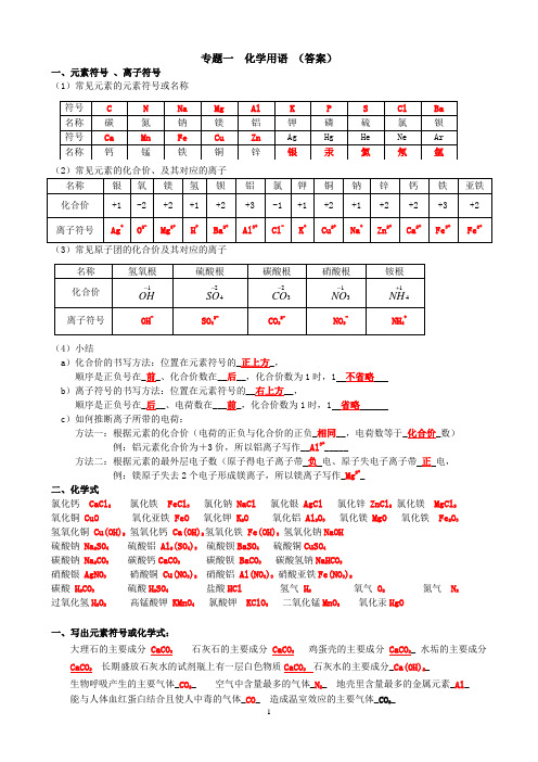 初中化学用语训练题(含答案)