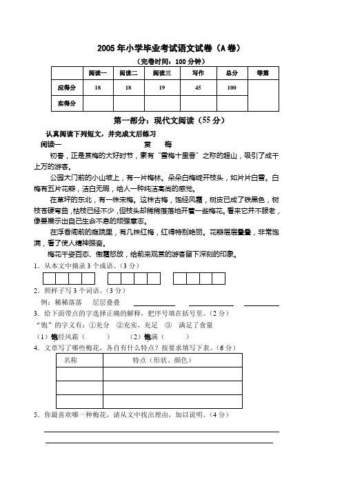 2005年小学毕业考试语文试卷(A卷)