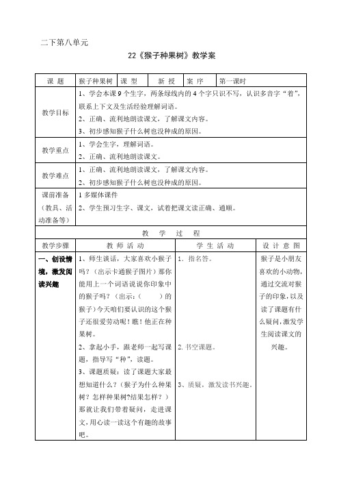 二下第八单元《猴子种果树》(2课时)教案+实录+反思