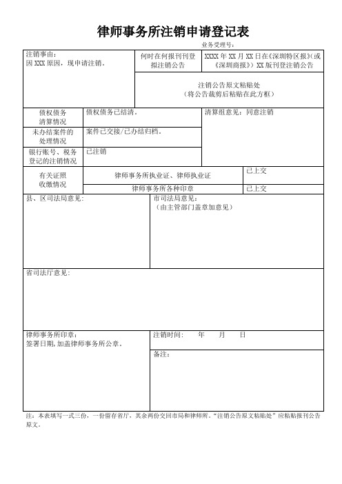 律师事务所注销申请登记表