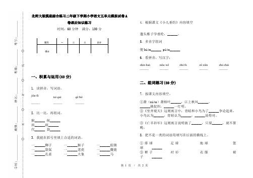 北师大版摸底综合练习二年级下学期小学语文五单元模拟试卷A卷课后知识练习