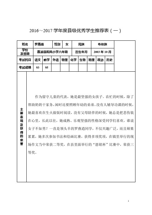 2016～2017学年度县级优秀学生、优秀学生干部、先进班集体推荐表1