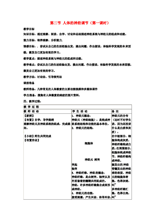 七年级生物下册 第十二章 第二节 人体的神经调节(第一课时)教案 苏教版