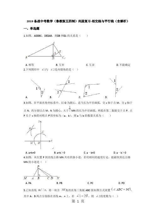 备战中考数学(鲁教版五四制)巩固复习相交线与平行线(含解析)