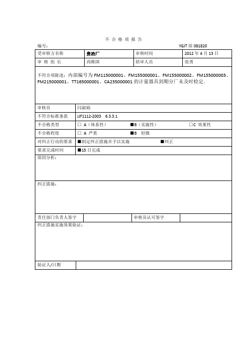 201204计量体系内审不合格项报告