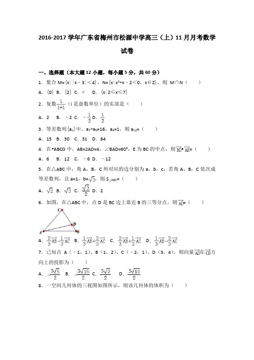 广东省梅州市松源中学2017届高三上学期11月月考数学文