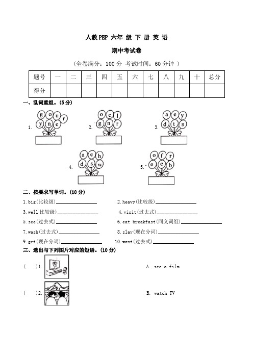 人教PEP版六年级下册英语期中考试卷 (含答案)
