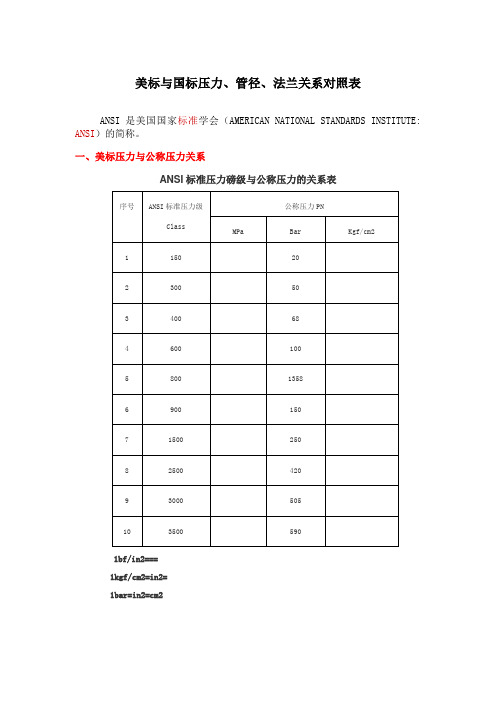 美标与国标压力、管径、法兰关系对照表