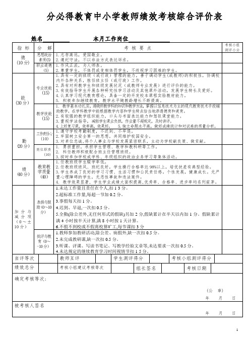 2013年中小学教师绩效考核综合评价表